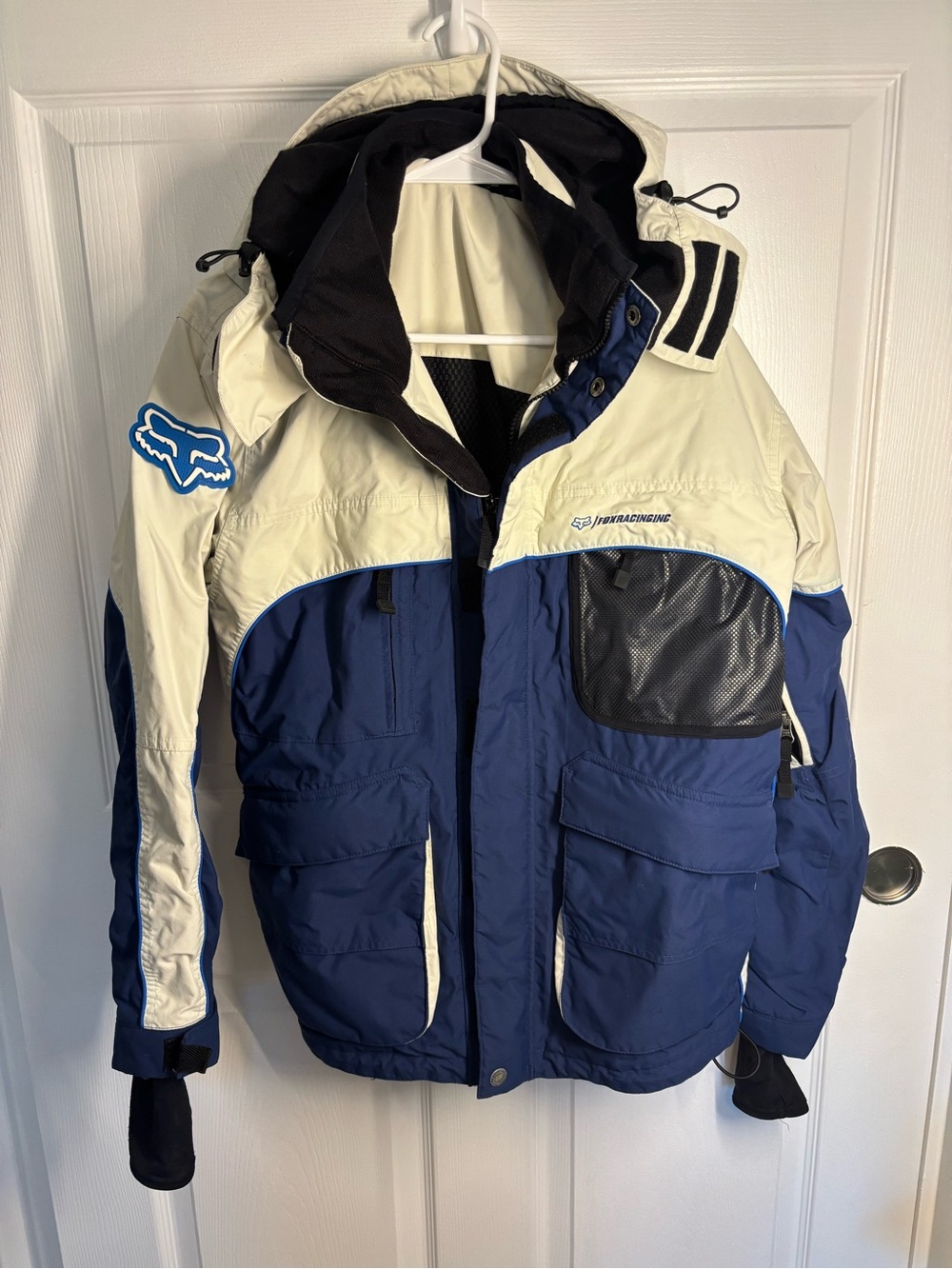 Fox Racing Y2K Snow Ski Jacket Blue White Hooded Multi Pocket Men’s M